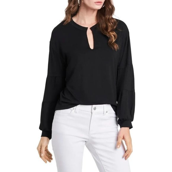 1.STATE Long Sleeve Split Neck Knit Top in Black - Size Small - Picture 1 of 2